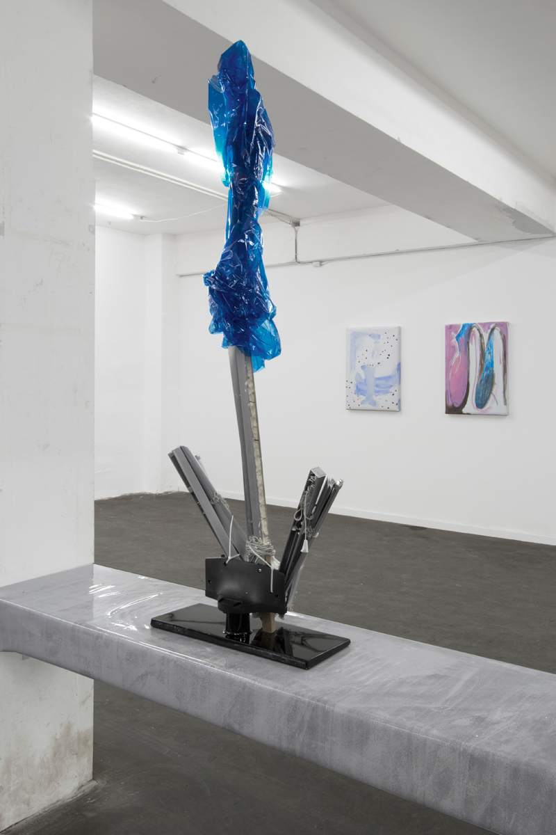 The Point, Flatscreen stand, aluminum blinds, safetywrap, white self-hardening clay, foam clay, Dimensions variable, 2014